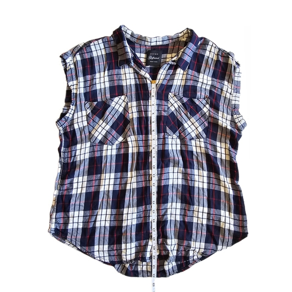 Jachs Navy Plaid Print Loose Fit Short Sleeve Blouse Top Womens - Picture 8 of 11